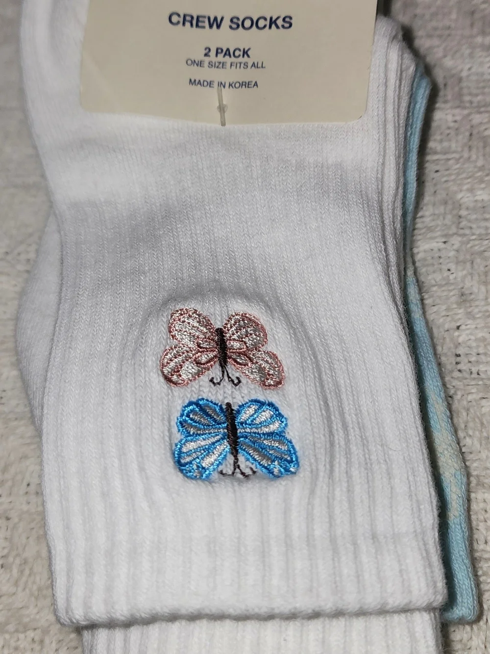 Aeropostale White Crew Socks with Pink and Blue Butterfly Embroidery OS NWT